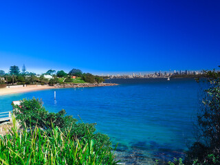 Camp Cove Beach Sydney NSW Australia turquoise blue waters on a clear sunny winters day 