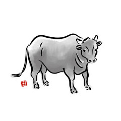 年賀状　2021　イラスト　水墨　牛　丑年　
