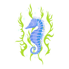 Seahorse with algae. Vector cartoon illustration isolated on white background.
