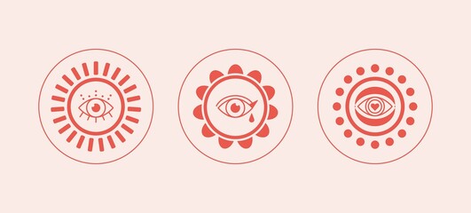Three red Abstract outline Suns or moons with Eyes. Minimalistic round Icons. Astrology esoteric mystic concept. Elegant geometric design. Trendy Vector Set. Simple design. All elements are isolated