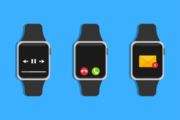 Smart watch vector mockup. Smart watch with message, call and music player. Flat design illustration.