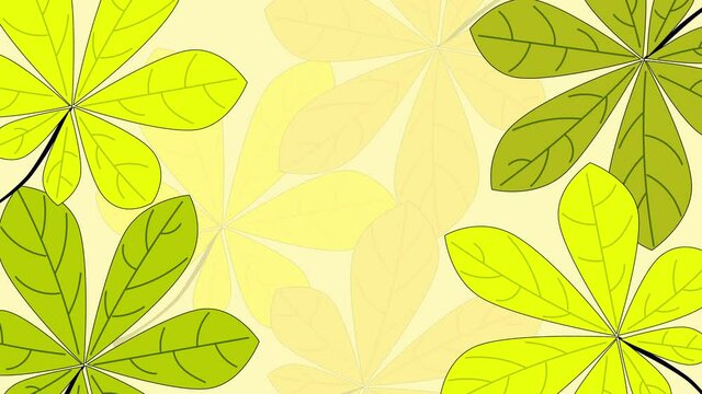 Colourful green floral background, frame of beautiful chestnut tree leaves. Animation. Hand drawn. Copy space. 