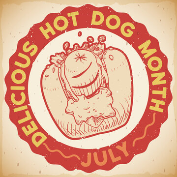 Stamp Promoting Delicious Hot Dog Month in July, Vector Illustration