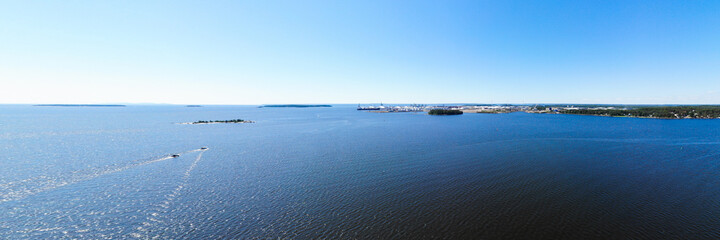 Aerial panoramic summer view of island Mussalo in Baltic Sea, Kotka, Finland