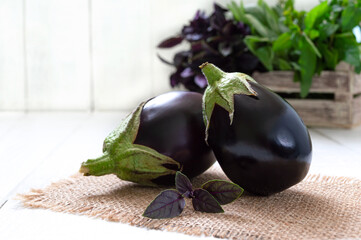 Fresh eggplants and aromatic herbs on a white wooden background.