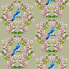 Seamless pattern with watercolor Blue Jay and cherry blossom.