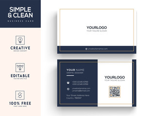 Modern business card print template design. blue navy color and gold, simple clean layout.