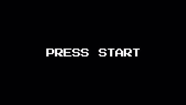 Retro video game start screen with glitch. Press start with noisy distortion. 4k video.