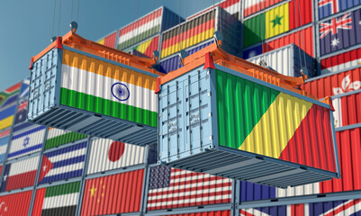 Shipping containers with India and Republic of the Congo flag. 3D Rendering 