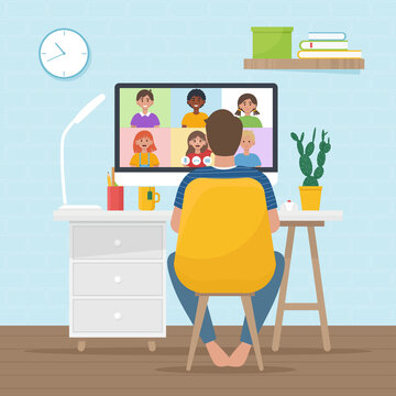 Video Conference With School Children. Online Education Concept. Vector Illustration In Flat Style