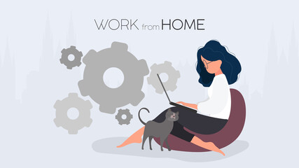 Work from home banner. The girl sits on an ottoman and works at a laptop. A woman with a laptop sits on a large pouf. Comfortable work at home concept. Vector.