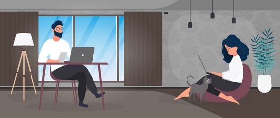 Work at home banner. The girl sits on a large pouf and works at a laptop. The guy sits at the table working on the computer. Vector.