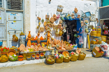 The pottery stall in old town market, on August 29 in Monastir, Tunisia
