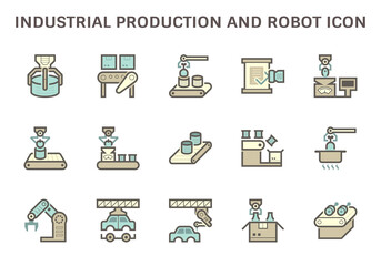 Industrial production robot and computer control vector icon set design.