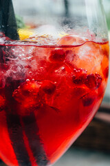 summer cocktail with mint leaf, lemon slices and red berries with pomegranate and ice cubes,