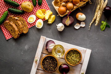 Food background. Dinner table with fresh homemade food. Top view