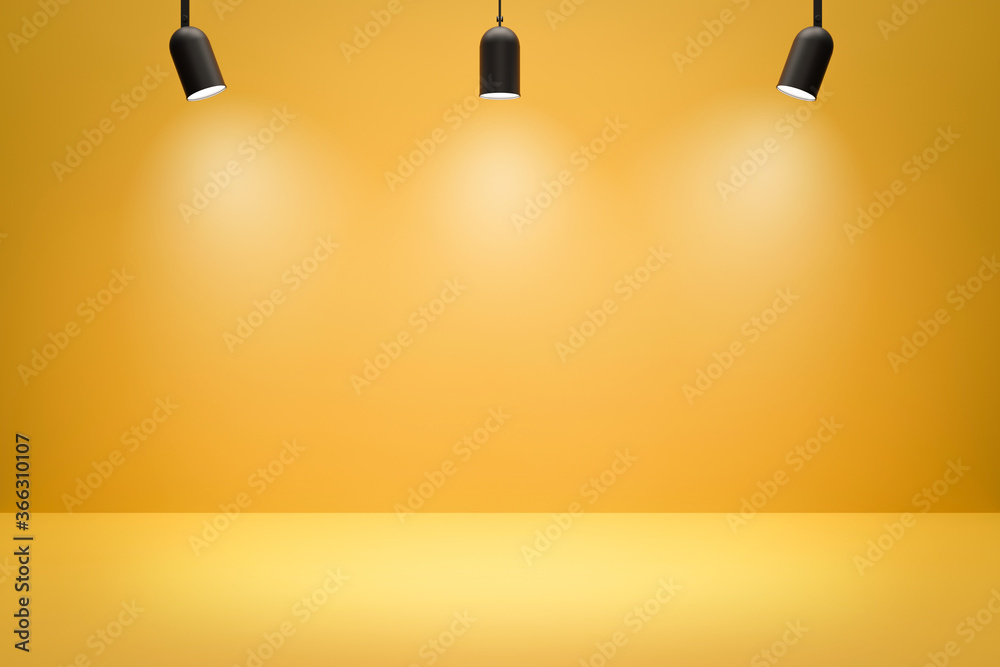 Poster empty photo studio backdrops and spotlight on yellow room background with showing scene. yellow disp