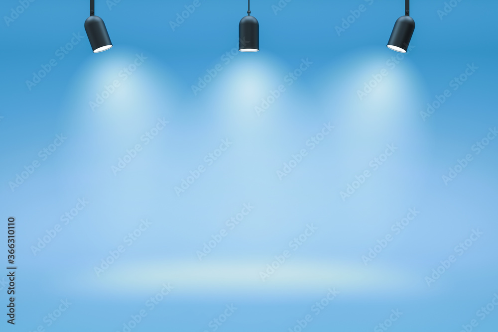 Poster Empty photo studio backdrops and spotlight on blue room background with showing scene. Gradient blue or blank room. 3D rendering.