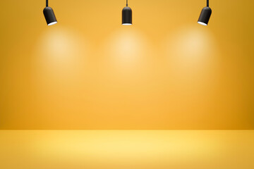 Empty photo studio backdrops and spotlight on yellow room background with showing scene. Yellow...