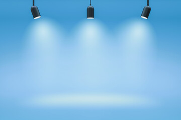 Empty photo studio backdrops and spotlight on blue room background with showing scene. Gradient blue or blank room. 3D rendering.