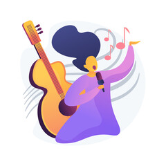 Popular singer in solo performance. Acoustic instrumental music. Disco night, jazz festival, rock concert. Live band show. Nightlife event. Vector isolated concept metaphor illustration.