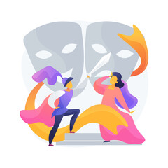 Theatre premiere night. Actor and actress on stage. Classic play, drama piece, tragedy scene. Broadway showtime. Acting masks as decoration. Vector isolated concept metaphor illustration.