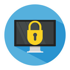 Computer with lock icon. Security concept. Long shadow effect