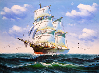 Fototapeta na wymiar Oil Painting - Sailing Boat