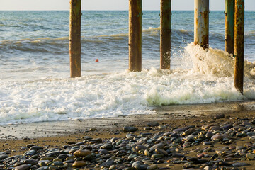 Stormy Black sea. Water background, stormy weather, waves and splashes in Batumi, Georgia.