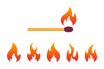 Burning match with a set of different fire shape. Flame and a matchstick. Igniting. Vector elements.