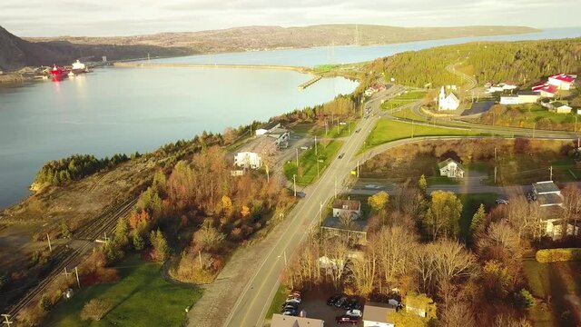Aerial shot of small town with river in Canada during Autumn,Port Hawksbury , Nova Scotia, Canada