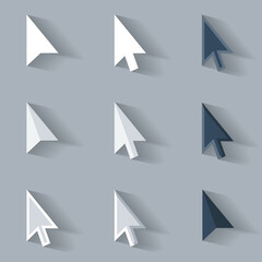 Flat style vector cursors with long shadows, on isolated gray background