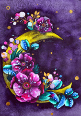 Crescent moon with flower composition. Trendy Bohemian style watercolor illustration with pink anemones, and leaves on dark blue background