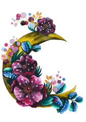 Crescent moon with flower composition. Trendy Bohemian style watercolor illustration with pink anemones, and leaves