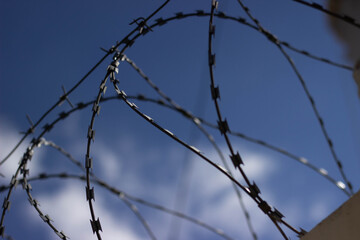Barbed wire against the blue sky
