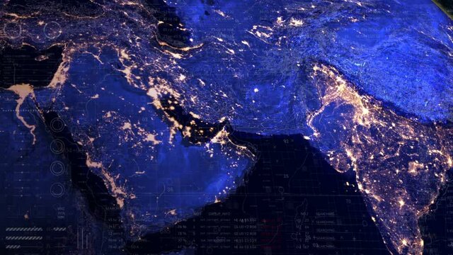 HUD Globe World map.Technological futuristic display.Rotating globe.User Interface and data display.Countries.India,UAE,Saudi Arabia.