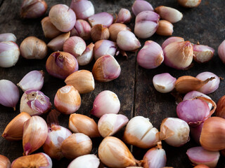 Closle up.  Shallots still life wood background onion bulb season herb vegetable ingredient