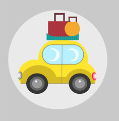  small yellow car with top rack with bags on gray background