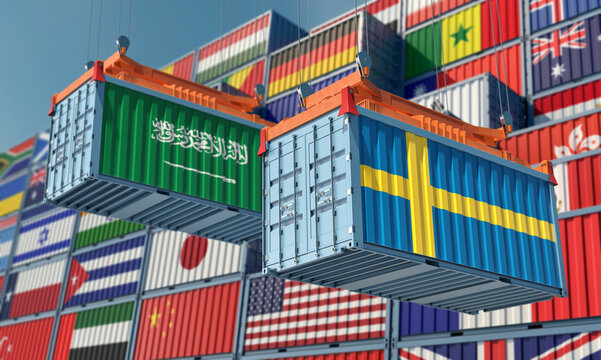Freight containers with Sweden and Saudi Arabia flag. 3D Rendering © Marius Faust