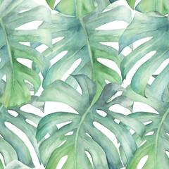 Watercolour seamless pattern with green tropical leaves, summer jungle illustration on white background. Watercolor print