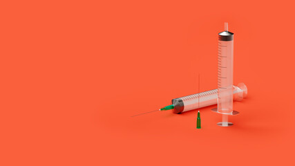 set of syringes with a needle on a red background, web banner or template, 3d rendering
