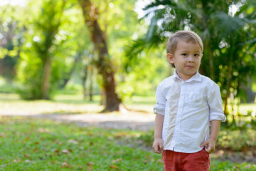 Fototapeta premium Young adorable little boy with blond hair at the park outdoors