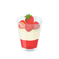 Dessert with strawberries in a glass. Strawberry jelly, whipped cream and berries. Vector illustration.