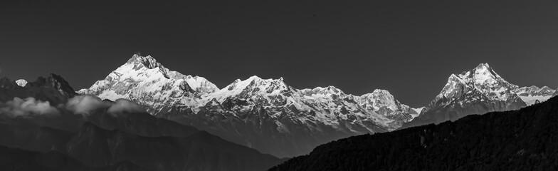 A panoramic view of Mt Kanchenjunga in monochrome with the entire mountain range visible in  Sikkim...