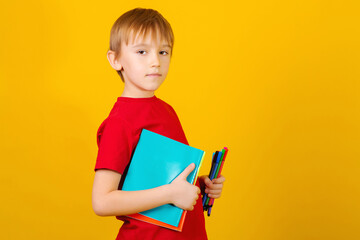 Cute school boy with textbooks against yellow background. Back to school.