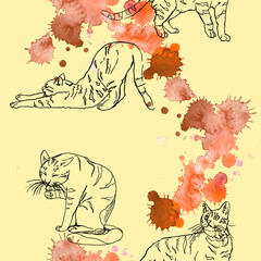Seamless pattern with line art cats and watercolor drops.