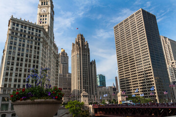 Chicago Skyline and The Chicago River, Chicago, Illinois, USA