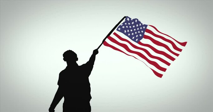 Black silhouette of person waving American flag in the wind against white background. Luma Alpha Matte. Digitally generated loop animation.