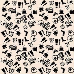Pattern from black graphic items of morning routine on beige background 