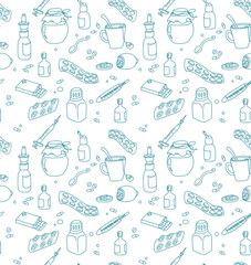 Linear Vector background flu. Thin Line Contour Symbols without color. Sickness Medical Treatment Outline, Illustrations for wallpaper, fabric print.